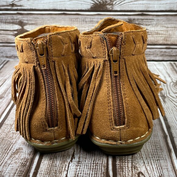 MINNETONKA Women's 10 Brown Ankle Suede Thong Fringe Back Zip Shoes Sandals EUC - Picture 5 of 9